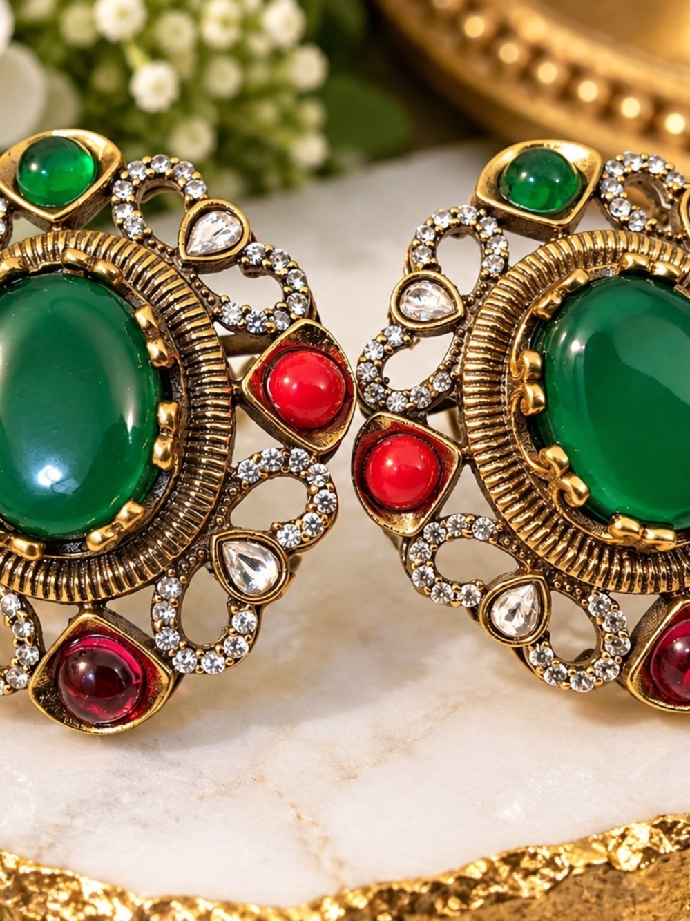 Vintage-Inspired Gold Plated Green and Red Statement Earrings